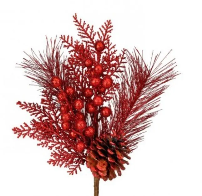 13 Glitter Berry/Cedar/Pinecone Pick Christmas Spray - Red