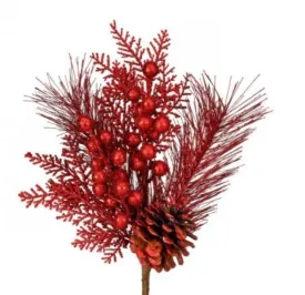 13 Glitter Berry/Cedar/Pinecone Pick Christmas Spray - Red