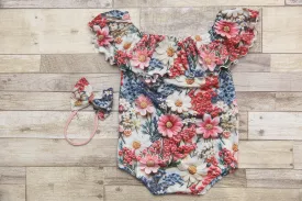 Anisa- Newborn or Sitter Flutter Romper; Newborn Romper; Sitter Romper; 3D Meadow; MADE TO ORDER