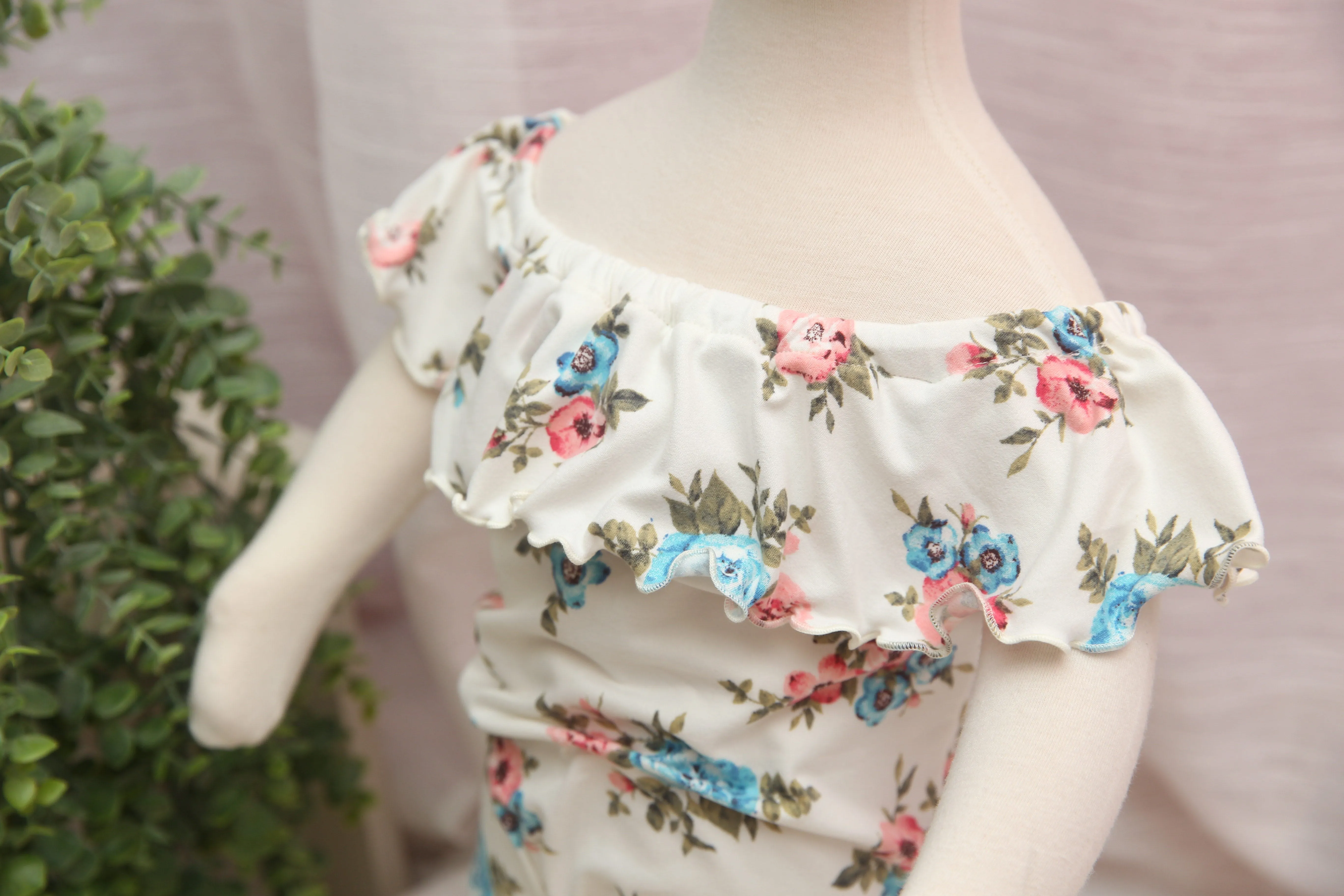 Anisa- Newborn or Sitter Flutter Romper; Newborn Romper; Sitter Romper; Pink, White & Blue Floral; MADE TO ORDER