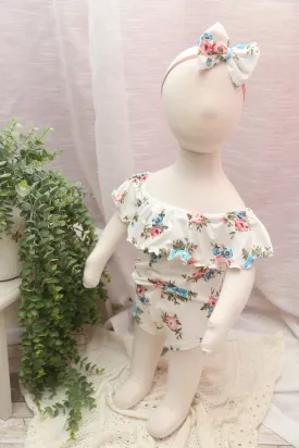 Anisa- Newborn or Sitter Flutter Romper; Newborn Romper; Sitter Romper; Pink, White & Blue Floral; MADE TO ORDER