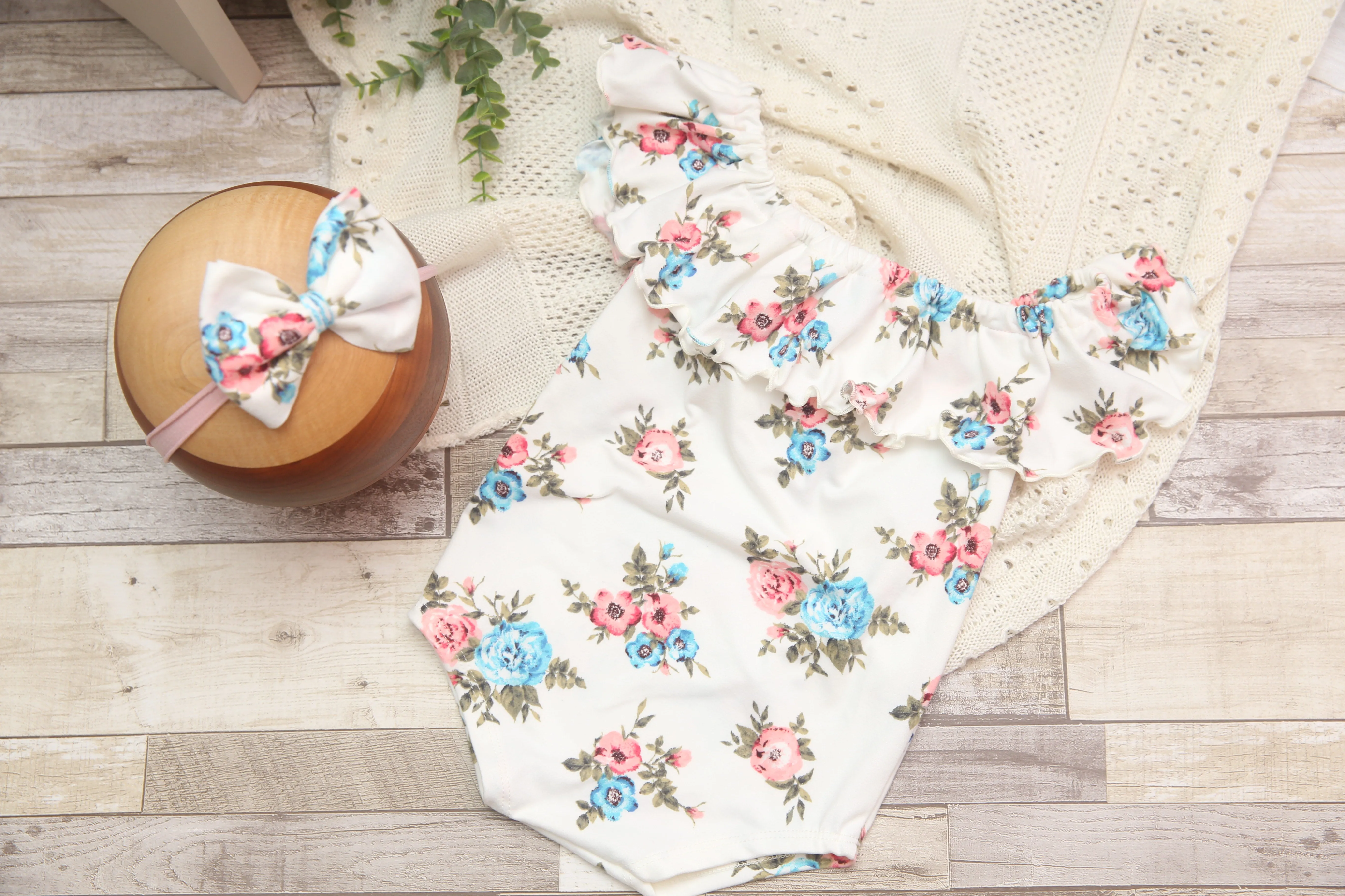 Anisa- Newborn or Sitter Flutter Romper; Newborn Romper; Sitter Romper; Pink, White & Blue Floral; MADE TO ORDER