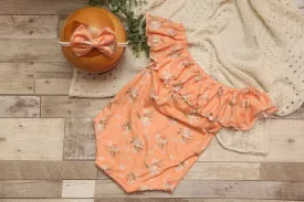 Anisa- Sitter Flutter Romper; Sitter Romper; Floral Nectarine; READY TO SHIP