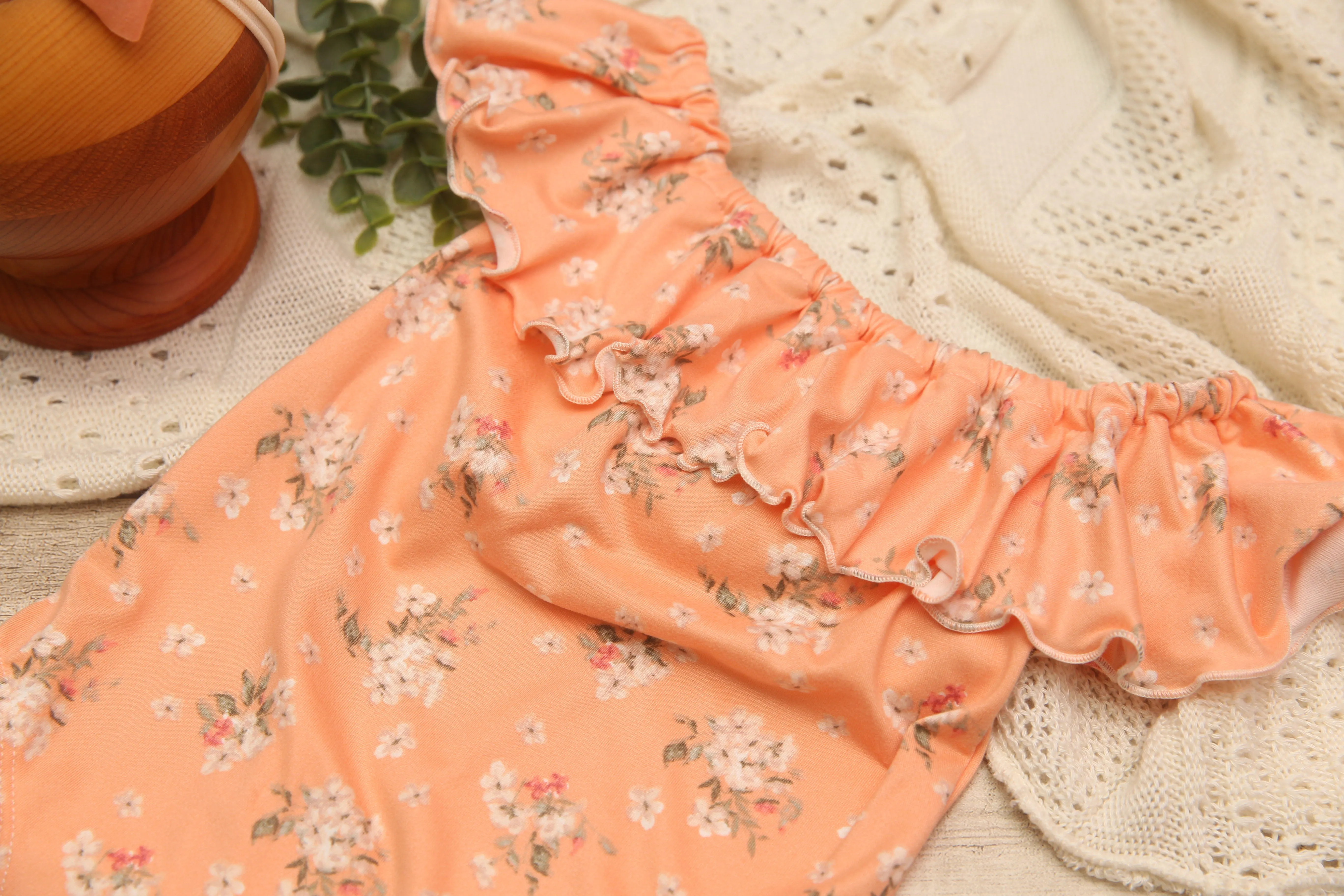 Anisa- Sitter Flutter Romper; Sitter Romper; Floral Nectarine; READY TO SHIP