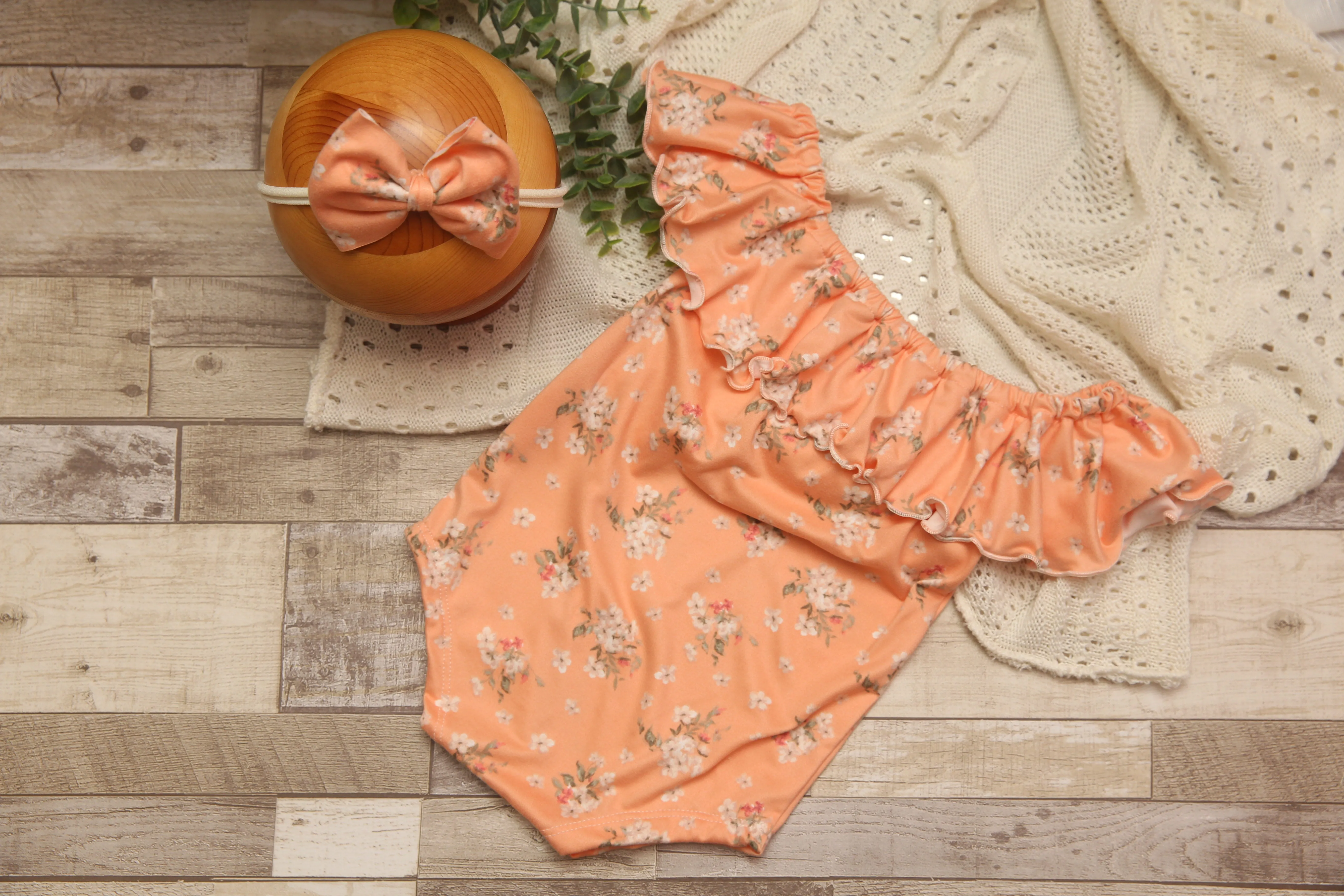 Anisa- Sitter Flutter Romper; Sitter Romper; Floral Nectarine; READY TO SHIP