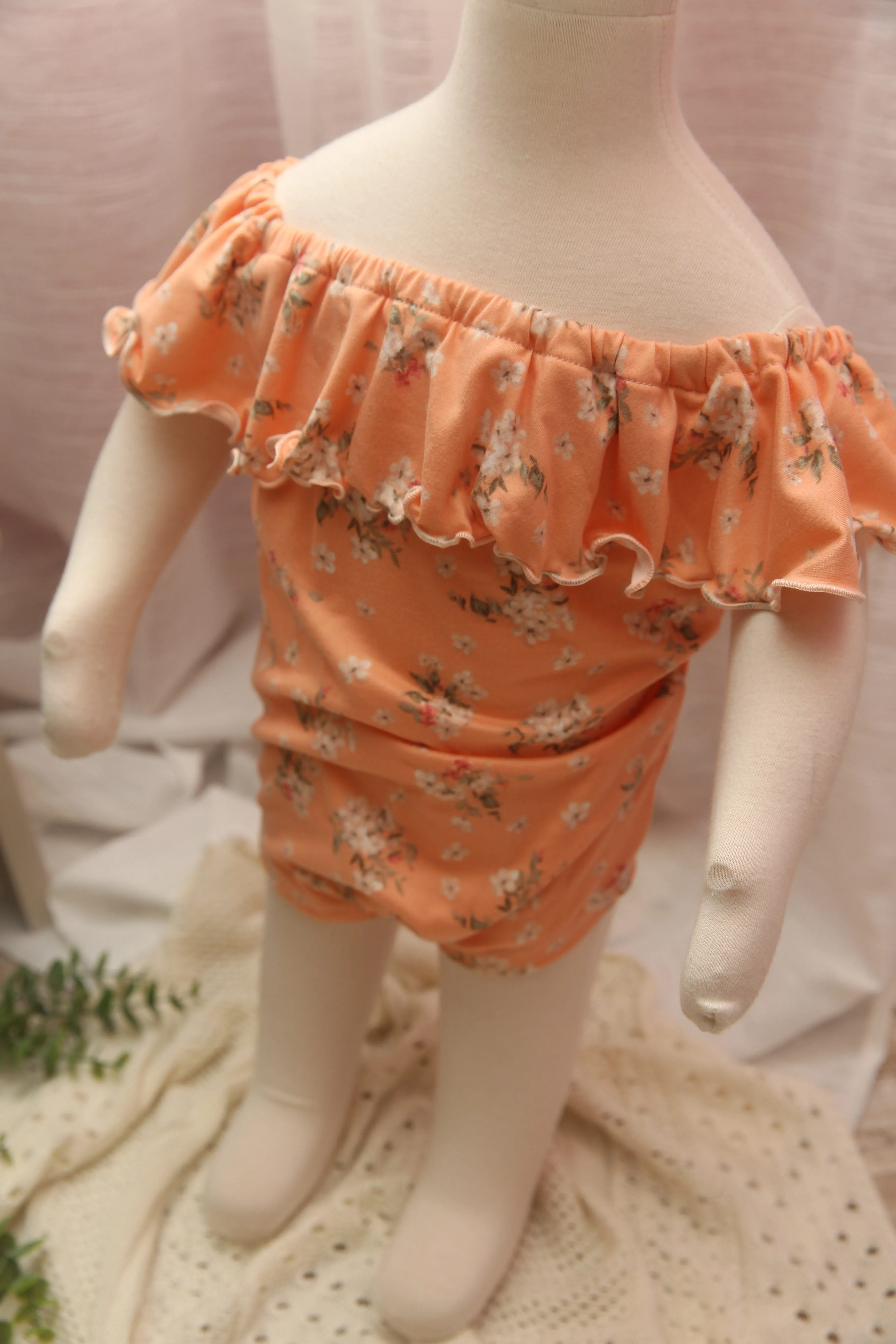 Anisa- Sitter Flutter Romper; Sitter Romper; Floral Nectarine; READY TO SHIP
