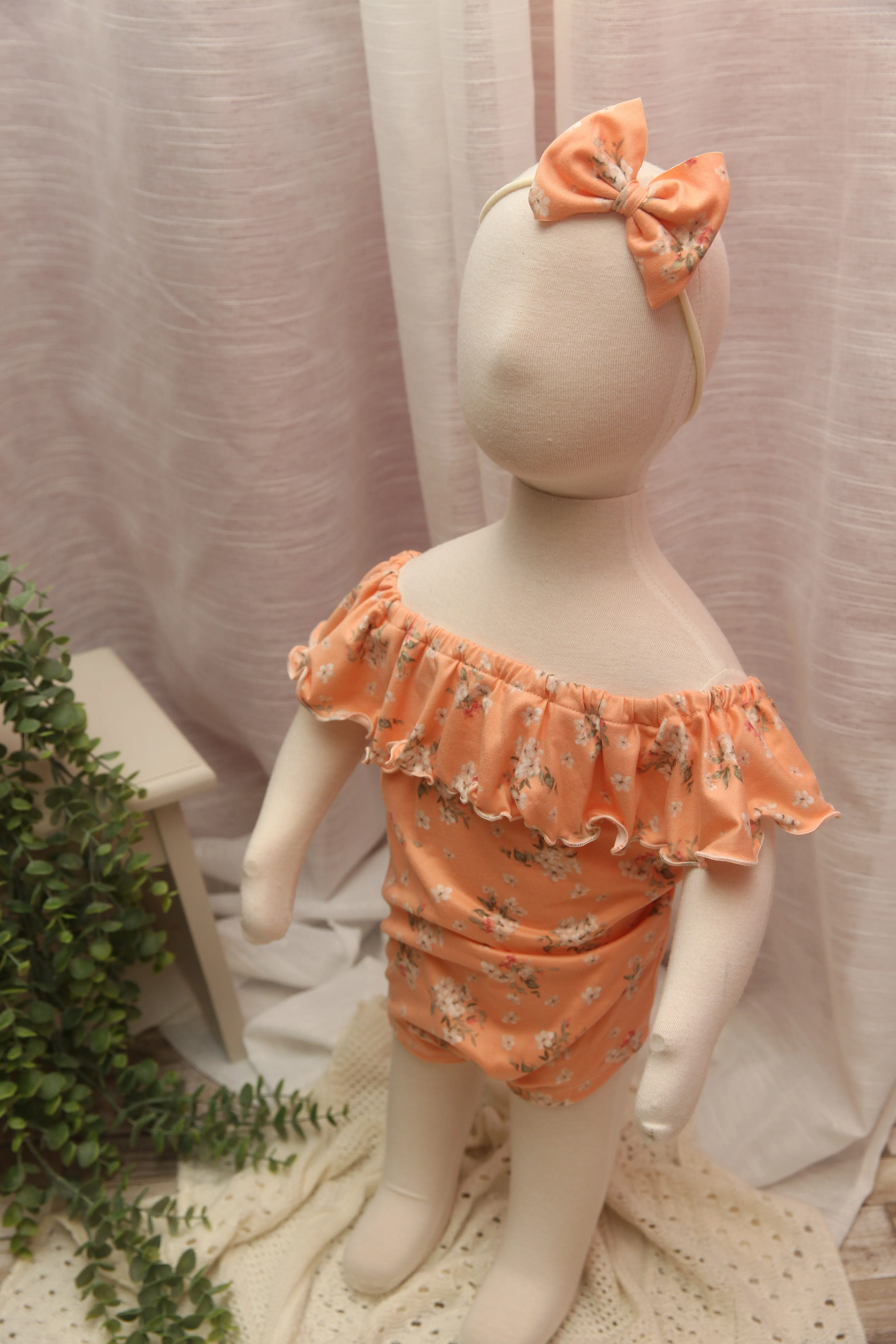 Anisa- Sitter Flutter Romper; Sitter Romper; Floral Nectarine; READY TO SHIP
