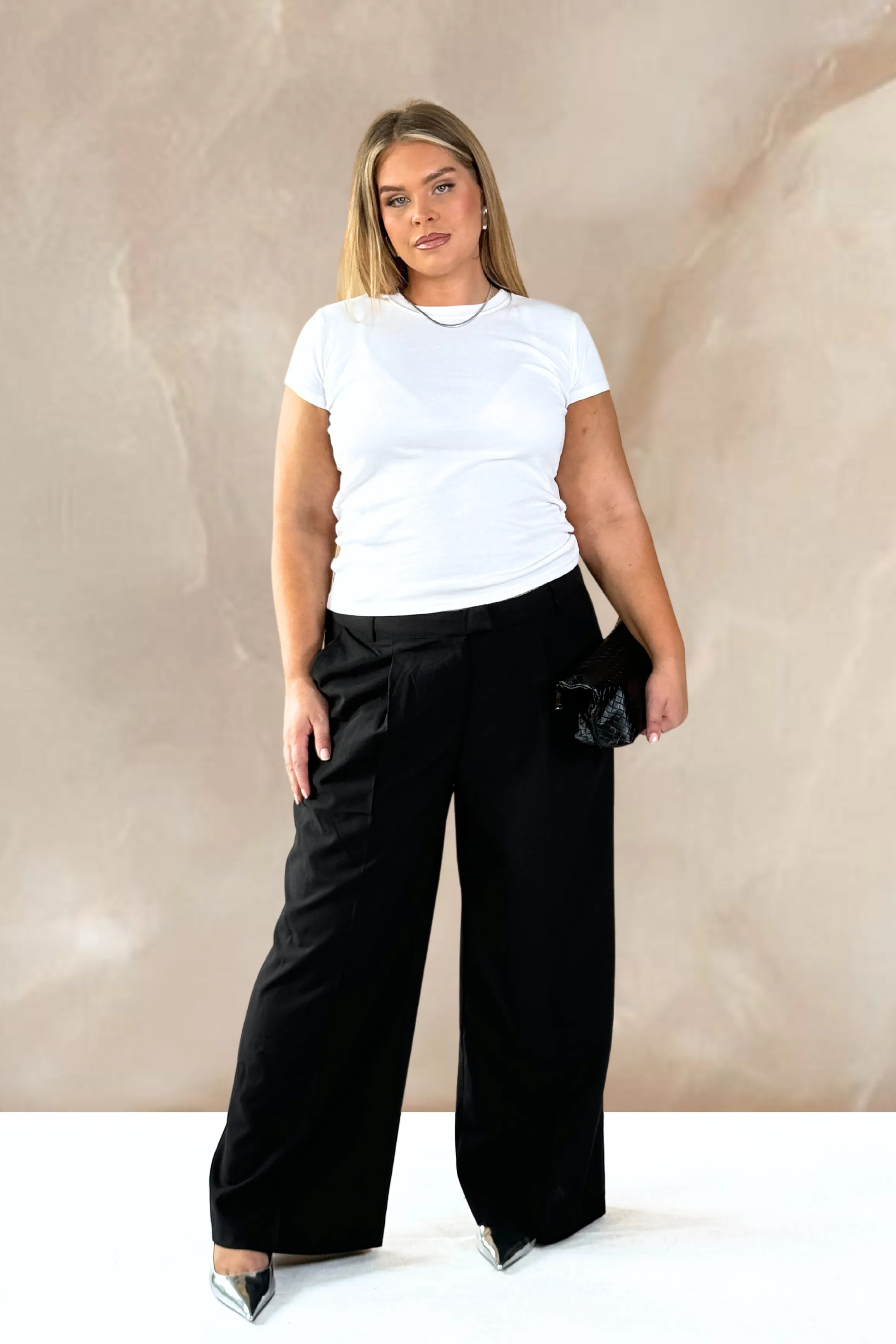 Curve woven tailored wide leg trousers in black