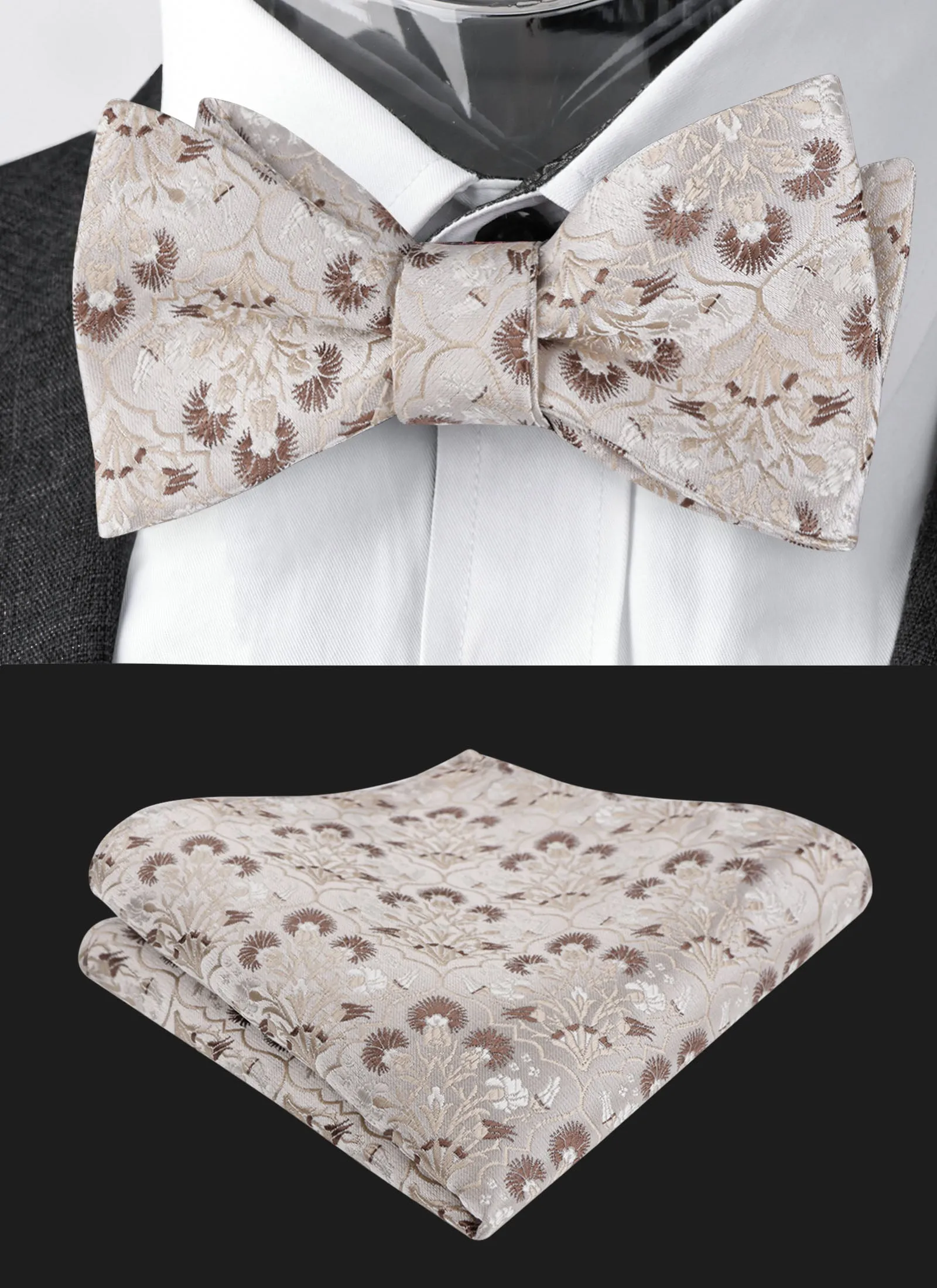 Men's Classic Floral Pattern Self-tied Bow Tie and Handkerchief Set-044