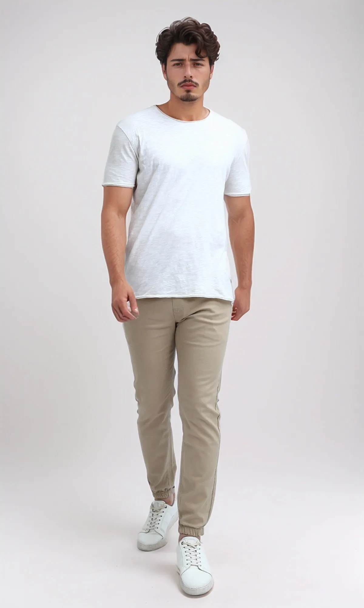 O201040 - Elastic Waist Cargo Pants with Drawstring - Beige