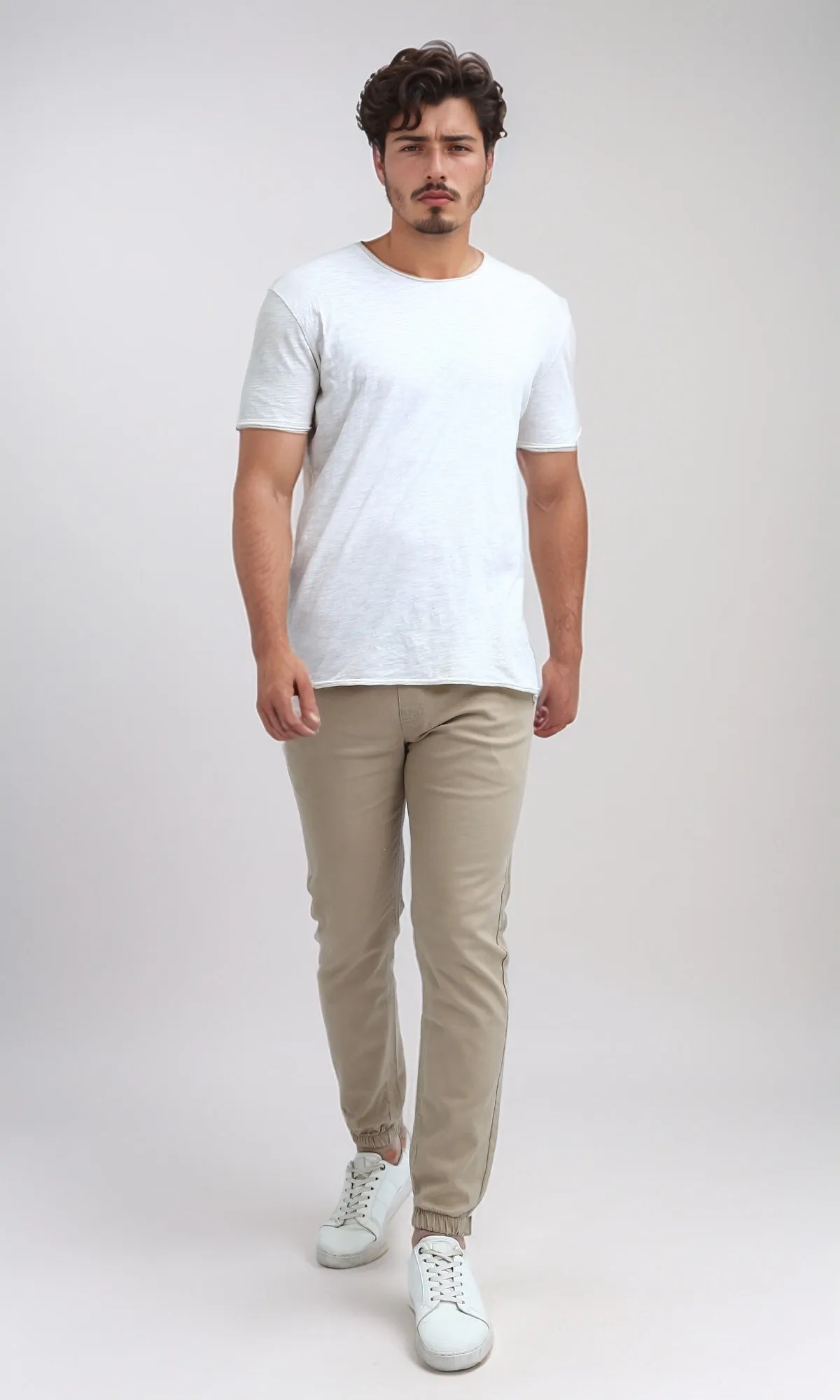 O201040 - Elastic Waist Cargo Pants with Drawstring - Beige