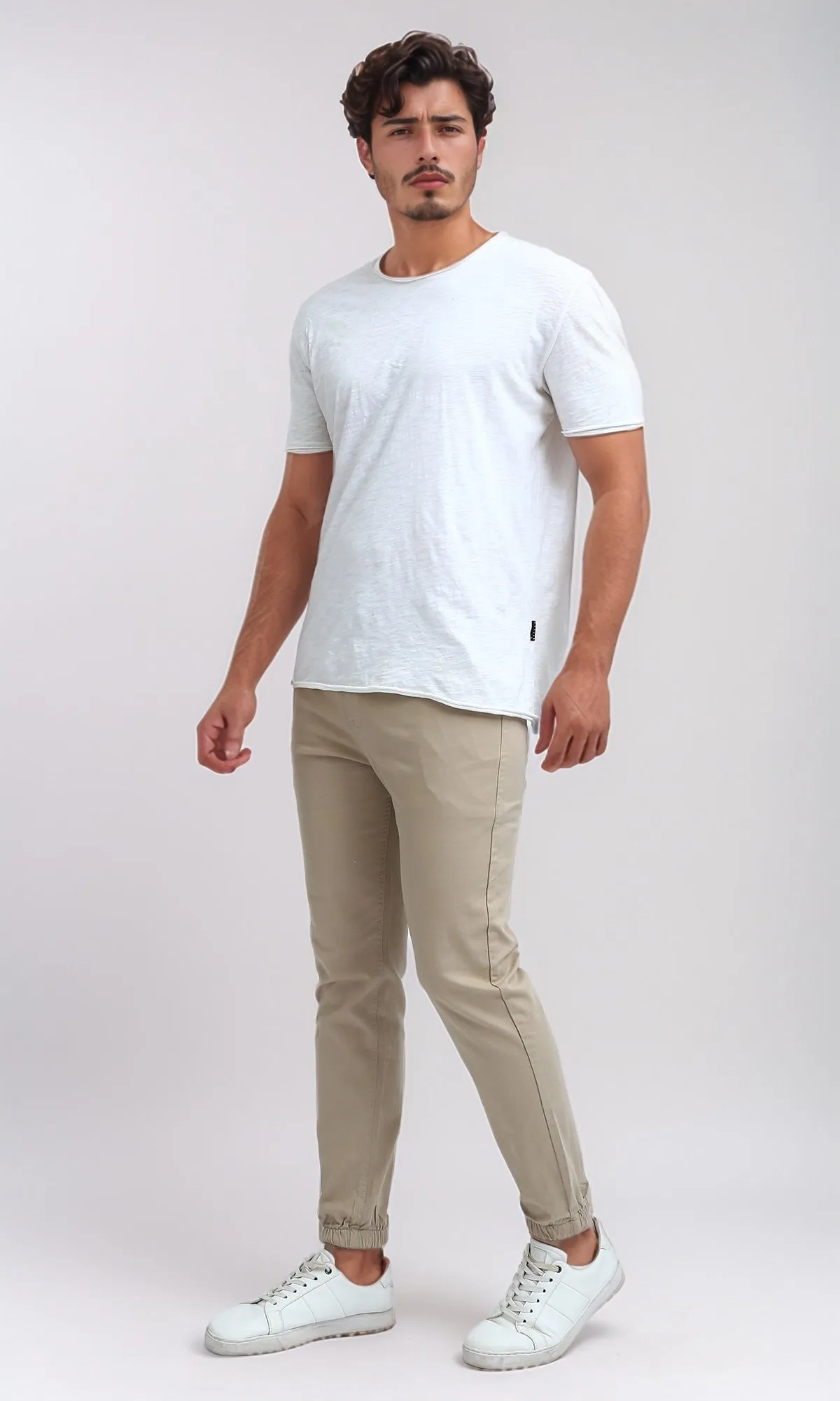 O201040 - Elastic Waist Cargo Pants with Drawstring - Beige