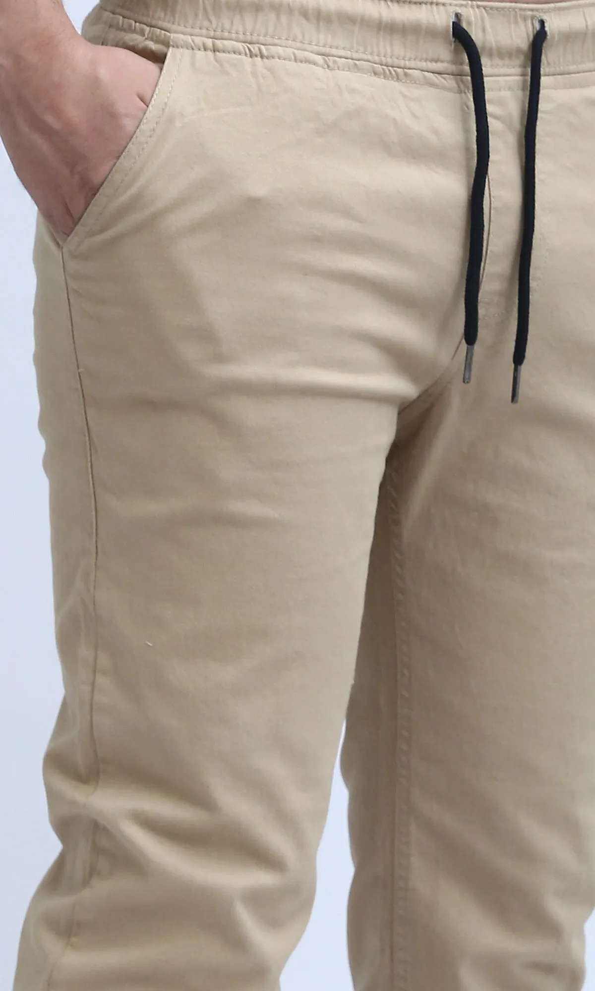 O201040 - Elastic Waist Cargo Pants with Drawstring - Beige